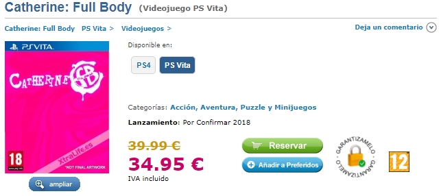 Catherine Full Body listé en boîte par le site espagnol XtraLife.es sur PS Vita.