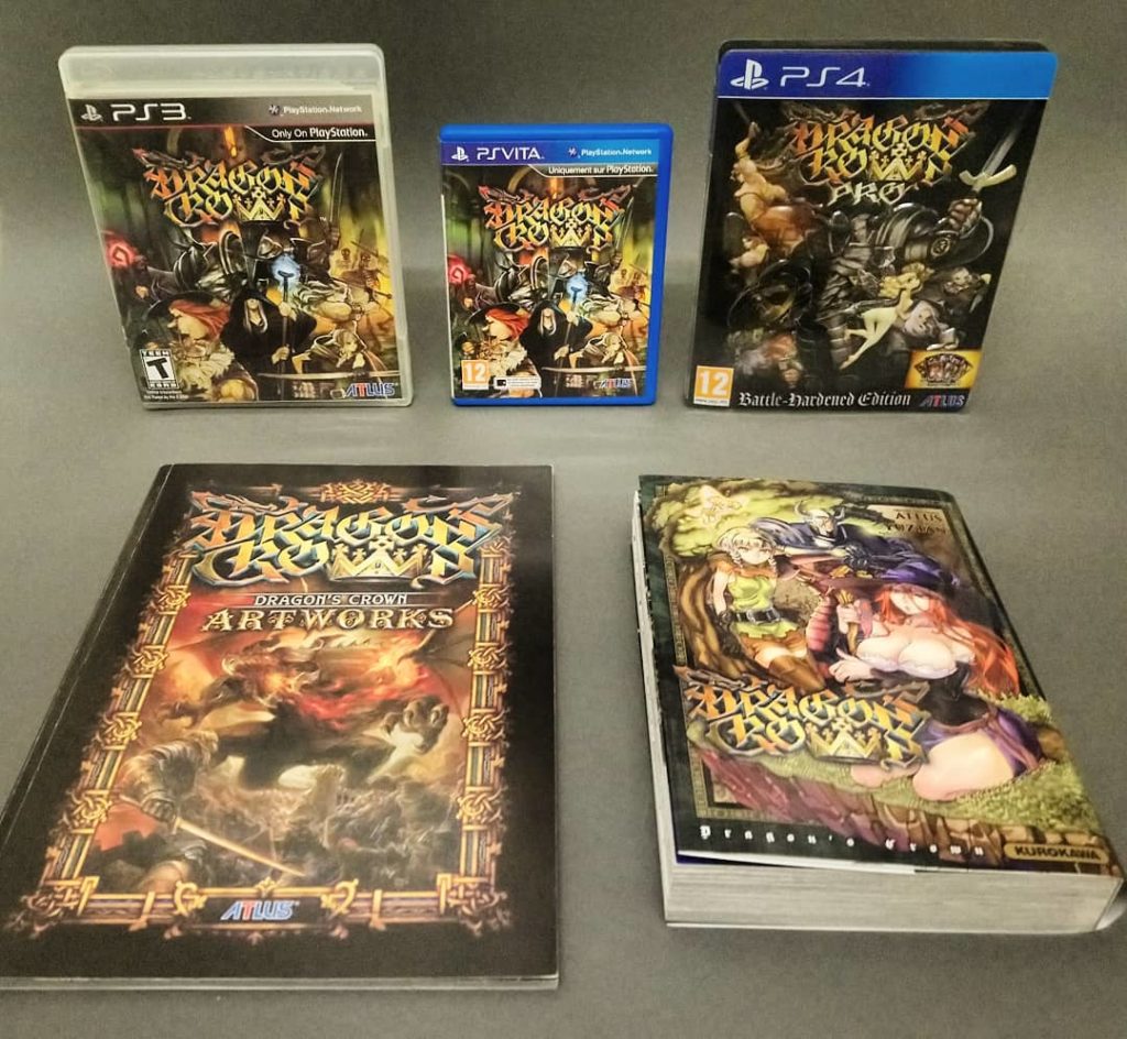 Dragon's Crown est disponible en boîte sur PS3, PS Vita et PS4. Un livre d'artwork était proposé parfois avec la version PS3, et un manga de 374 pages accompagnait le lancement du jeu sur PS4.