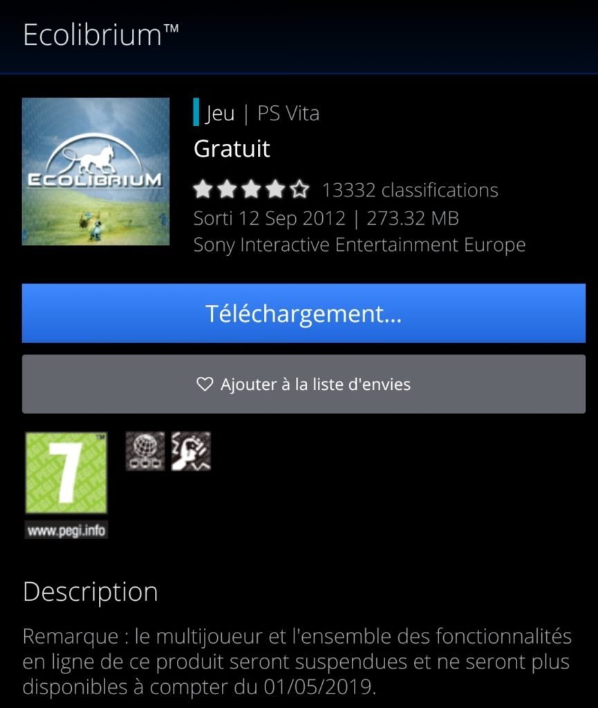 Ecolibrium arrêt des services online sur PS Vita 