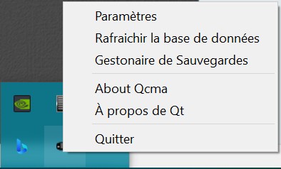 Menu contextuel de QCMA sur Windows