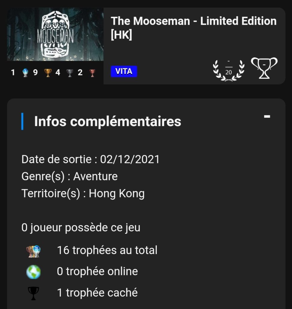 The Mooseman liste de trophées PS Vita